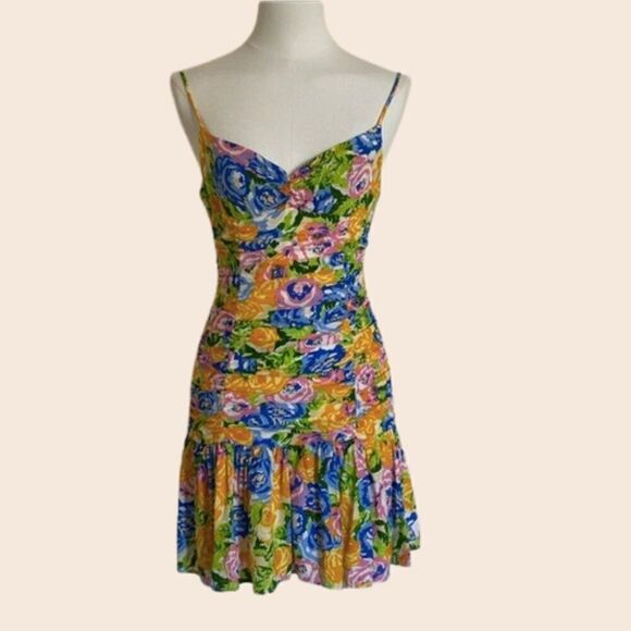 Zara Multicolor Ruched Floral Mini Dress Size Medium - Picture 1 of 11